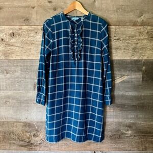 Draper James Plaid Ruffle Button Down Midi Dress 6 Blue Country‎ Feminine Cozy